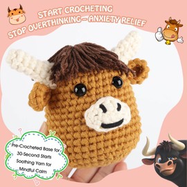 Highland Cow Beginner Crochet Kit – Get Well Soon Gift with Gift Box – Pre-Started Yarn, Easy Video Tutorials, Extra Yarn & Tools Included – DIY Relaxing Craft Set for Adults