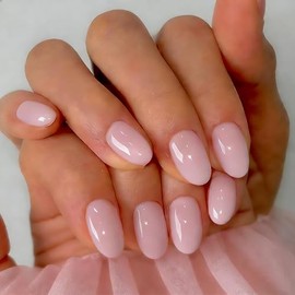 SXVME Uñas postizas cortas de gel suave, 32 piezas, 16 tamaños, rosa pálido transparente, ovaladas, reutilizables, con pegamento, palito de almendra n