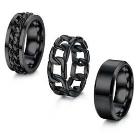 ORAZIO Mens Rings 3Pcs Silver Rings for Men Women Stainless Steel Plain Band Ring Cuban Link Chain Rings Spinner Ring Men's Promise Wedding Rings Set,Size 8 Black