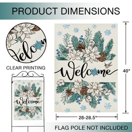 Hzppyz Welcome Winter Poinsettia House Flag Double Sided, Pine Cone Floral Flower Decorative Garden Yard Outdoor Large Decor, Snowflake Bird Christmas Burlap Home Outside Decoration 28 x 40