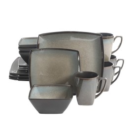 Gibson Elite Tequesta Square Reactive Glaze Stoneware Plates and Bowls Dishes Dinnerware Set, Service for 4 (16pcs), Taupe