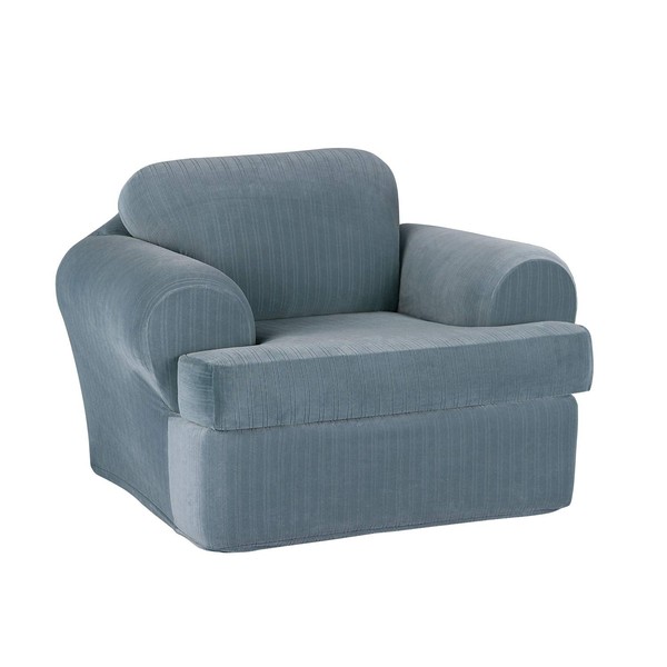 SureFit Stretch Pinstripe T-Cushion Chair Two Piece Slipcover, Form Fit, Polyester/Spandex, Machine Washable, French Blue Color