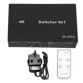 4Kx2K HD Multimedia Interface Switch 4X1 Mouse Keyboard Control Video Switcher Splitter with IR Remote Control 100‑240V UK Plug