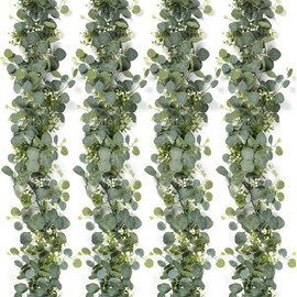 LOMOHOO 4 Pack Artificial Eucalyptus Garland Vines with White Flower,5.9ft Fake Eucalyptus Leaves Garland Plant,Greenery Garland for Bedroom Wall Decor Wedding Party Room Decor
