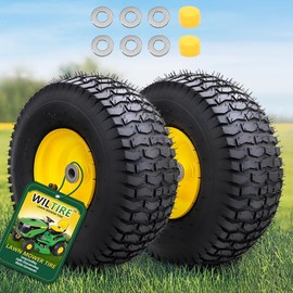 Wiltire 15x6.00-6 Tubeless Tire and Wheel Assembly(2 Pack) ，Replacement Riding Lawn Mower Front Tires,Compatible withRiding Mowers and Lawn Tractor, 3" Centered Hub and 3/4" Bushings（Yellow)