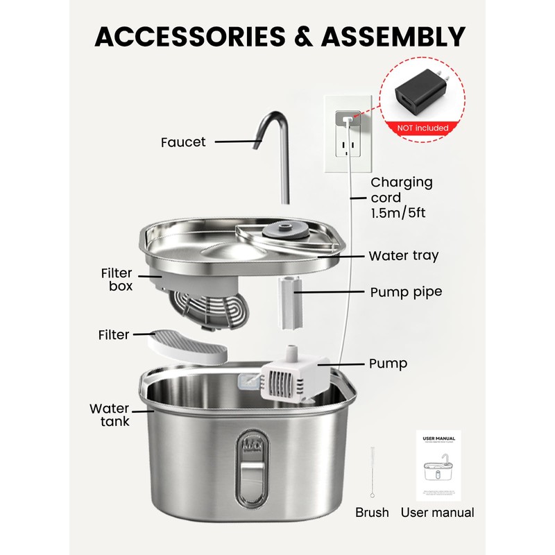 Stainless Steel Cat Water Fountain for Cats Indoor 3.2L 108oz