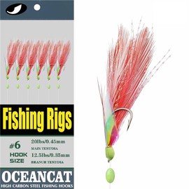 OCEAN CAT 10 Packs White and Red Feather Fish Skin Fishing Rigs Freshwater Saltwater Lures with Rainbow Soft Rubber Steel String Hooks Fishing Lures Baits