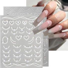 2 Sheets 5D Embossed Nail Art Stickers for French Line Design Silver White Glitter Pearl Rhinestones Nail Decals Heart Waves Nail Design Stickers Grace Cute Nail Decor for Women Manicure Supplies