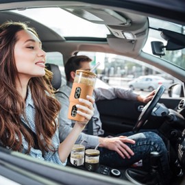 32oz Drinking Glass Tumbler with Bamboo Lid and Straw - Silicone Sleeve - Fits Car Cup Holder - Reusable Boba Smoothie Cup, Spill Proof Travel Water Bottle, Iced Coffee Tumbler, BPA Free - Amber.