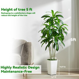 Artificial Dracaena Tree Artificial Silk Tree Faux Tree with White Tall Planter Fake Tropical Yucca Floor Plant (1, White Tall Planter, 5 FT)