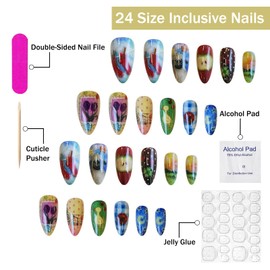 Press on Nails Medium Almond SWEKKE Fake Nails False Nails with Colored Pencil Drawing Designs Flower Duck Moon Glossy Glue on Nail Full Cover Acrylic Nail for Women Girls 24Pcs