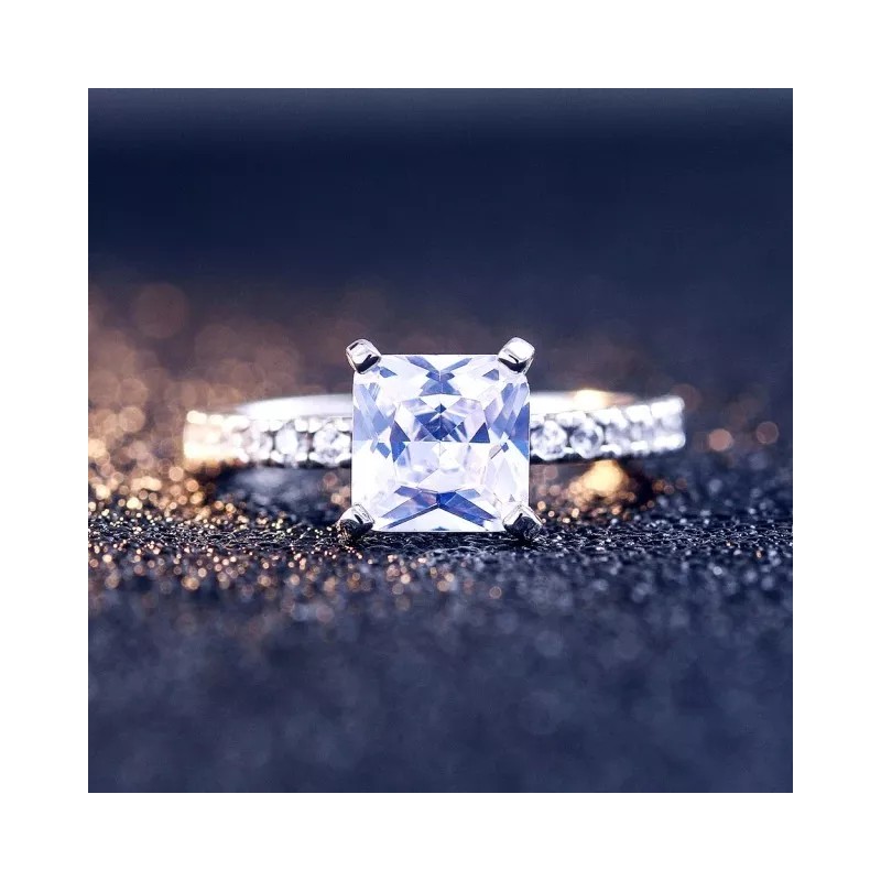 Dtup Anillo D/compromiso Elegante Diamante Cuadrado Plata Alemana