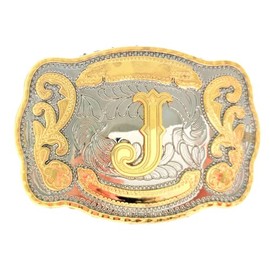 Western Belt Buckle Initial Letters ABCDJST to Z Cowboy Rodeo Large Gold Belt Buckles for Men Women (J)
