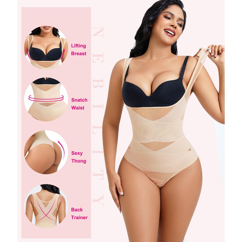 Nebility Thong Shapewear Bodysuit for Women Tummy Control Body Shaper
