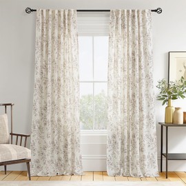 Coffee Floral Curtains 120 inch Length Back Tab Farmhouser Living Room Light Filtering Curtains Coffee Pattern Print on Cream White Linen Curtain Minimalist Aesthetic Sketch Style Vintage Room Decor