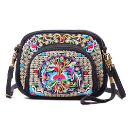 Women Bohemian Embroidered Small Cross-body Bag Cellphone Purse Smartphone Wallet Handbags Wristlet Bag with Adjustable Shoulder Strap(Black + Flower 03)