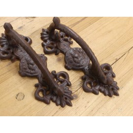 2 LARGE HANDLES RUSTIC CAST IRON BARN DOOR HANDLES SHED GATE PULLS FANCY 8 1/2"