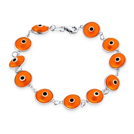 Protection Good Luck Amulet Turkish Translucent Orange Glass Bead Evil Eye Bracelet For Women Teen .925 Sterling Silver 7 Inch