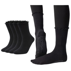 Vinfolio Pilates Socks with Grips for Women, Grippy Socks with Lace Ruffle Cuff for Yoga Ballet Barre Dance Gym Hospital, 4 Pairs (US, Alpha, One Size, Regular, Regular, Black)