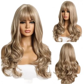 MISSWEN Long Wavy Synthetic Hair Heat Resistant Cosplay Wig With Fringe Honey blonde