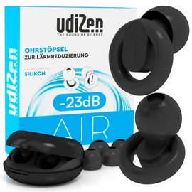 Earplugs for Travel, Sleeping, Learning, Noise Reduction, 23 dB, UdiZen Air, 1 Pair of Ergonomic Reusable Noise Cancelling Earplugs SNR 23 dB Colour Black with Hard Case