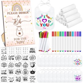 Panitay 100 Pcs DIY Baby Bibs Decorating Kit 50 White Bibs 25 Stencils 24 Fabric Markers 1 Baby Shower Game Sign(Boho)