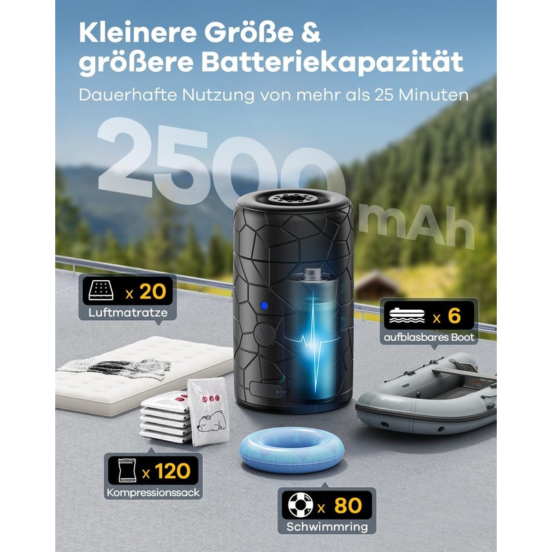 4500Pa Elektrische Luftpumpe,2500mAh Akku Luftpumpe Elektrisch für Aufblasen und Entleeren