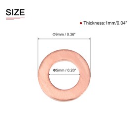 DTGN 5 mm x 9 mm x 1 mm (IDxADxT) Flat Copper Sealing Washers - 50 Pack - Good for Industrial Machine M5 Screws - Copper Flat Ring Seals