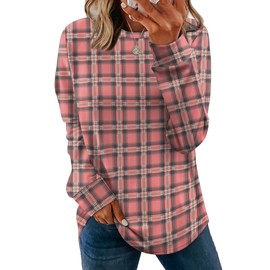 Womens Sweaters Long Sleeve Shirts Soft Sweatshirts Business Casual Outfits Holiday Winter Clothing Christmas Pink Plaid M