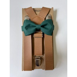 Burlapp Dark Green  bow tie and Tan  Leather suspenders set. Adults.