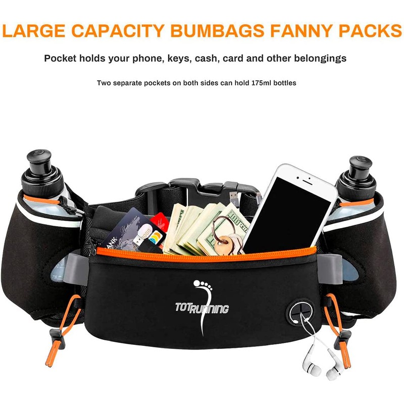 Adjustable Running Belt with Zipper Pocket, 2 Water Bottles, 2