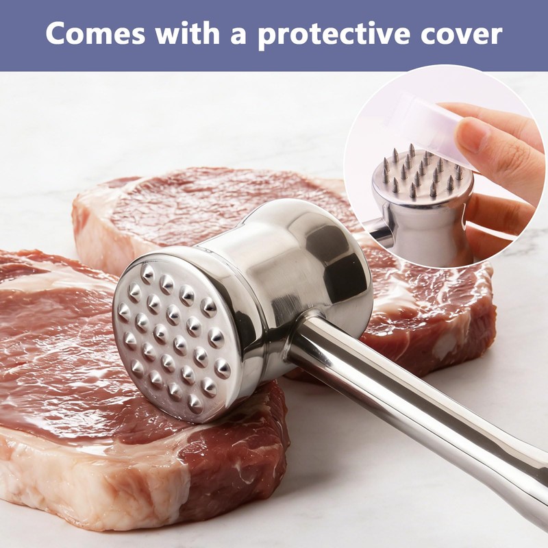 Dual-Sided 2-in-1 Stainless Steel Meat Tenderizer Tool, Meat Mallet Hammer