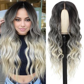 Gray to Platinum Blonde Wig for Women 26inch Glueless Wigs Pre Plucked Pre Cut for Beginners Synthetic Lace Front Wigs for Women Long Wavy Hair Replacement Wig 3 Seconds to Wear