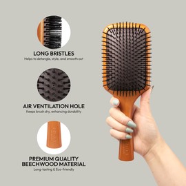 Red by Kiss Evergreen Wooden Square Paddle Hair Brush, 100% Beechwood, Long Bristles, Detangling, For All Hair Types, Sustainable, Painless Detangling, Air Ventilation Hole, Wet Dry Hair, Unisex