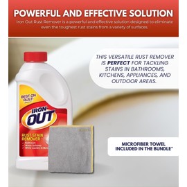 Iron Out Rust Remover Powder 28 oz Bundle with Microfiber Cloth - Rust Stain Remover - Hard Water Toilet Stain Cleaner - Dissolves Rust on Tubs, Sinks, and Showers - (2 Items)
