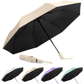 Aolso Windproof Folding Travel Umbrella, Strong Durable Fiberglass Ribs, Easy Auto Open/Close, Compact Smart Folding Umbrella Ergonomic Handle for Rain, Sun & Strong Wind Protection, Khaki