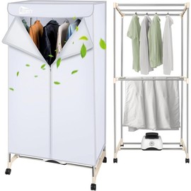 Uten Portable Clothes Dryer, 1500W Clothes Dryer Machine with Timer, Double Layer Stainless Steel Laundry Drying Wardrobe, Electric Clothes Drying Rack and Dryer for Apartments, Home - Color: White