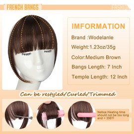 Wodelanle Bangs Hair Clip in Bangs, Clip on Bangs Brown Faux Bangs, Easy to Use Fake Bangs Clip in Hair Extensions, French Bangs Fringe with Temples Wigs for Daily Wear (Medium Brown)