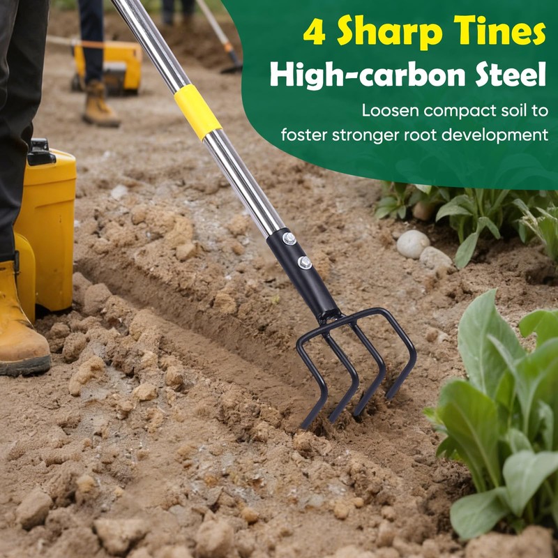 Garden Hand Tiller Cultivator, 4-Tine Adjustable Long Handle, Heavy Duty