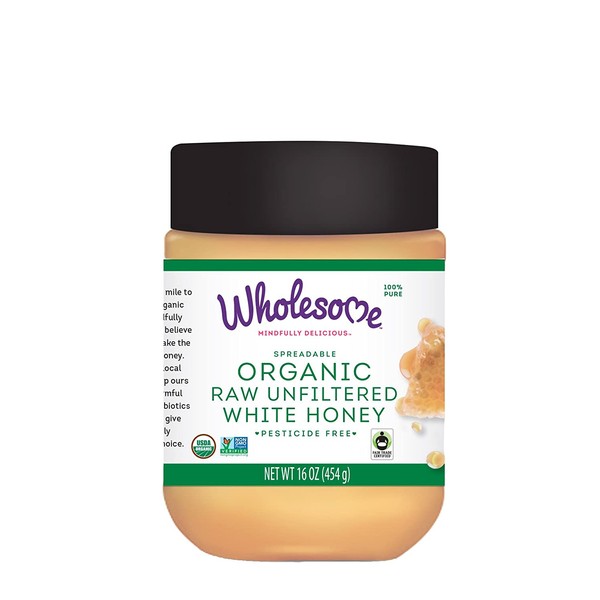 Wholesome Organic Raw Unfiltered White Honey, Pesticide Free, Fair Trade, Non Glyphosate, Non GMO & Gluten Free, Spreadable, 16 oz jar (Pack of 1)