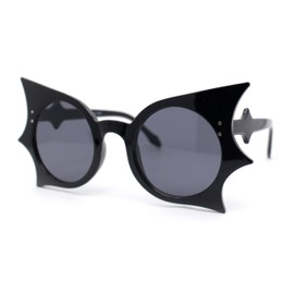Womens Exaggerated Bat Wing Shape Round Circle Lens Sunglasses All Black