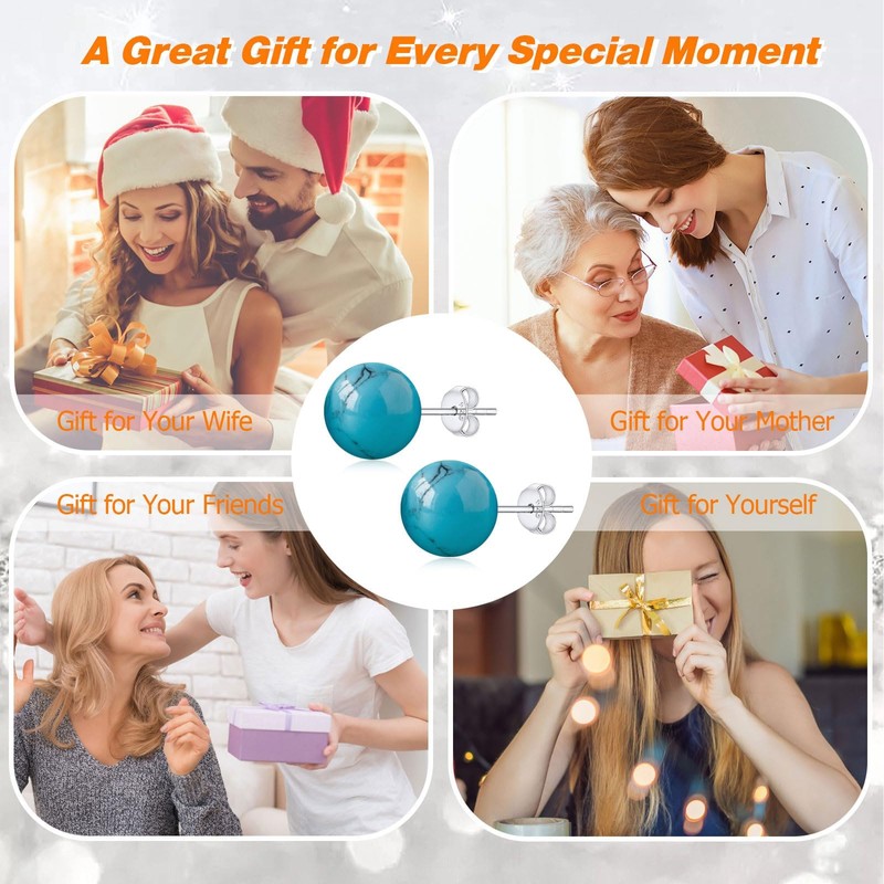 8mm Natürliche Türkis Ohrstecker für Frauen Mädchen, Blau Runden Edelstein