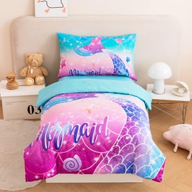 ZRNBAST Toddler Bedding Sets for Girls 4 Pcs Mermaid Tail Toddler Comforter Set Pink Turquoise Gradient Rainbow Colorful Toddler Bedding for Girl Bed, Pink Blue Fish Scale