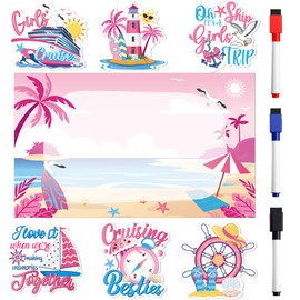 Cruise Door Decorations Magnetic, 7 Pcs Girls Trip Cruise Door Magnets with Pink & Blue Nautical Vacation Designs, Girls Cruising Magnetic Ship Cabin Signs Fridge Magnets, with 3 Pens