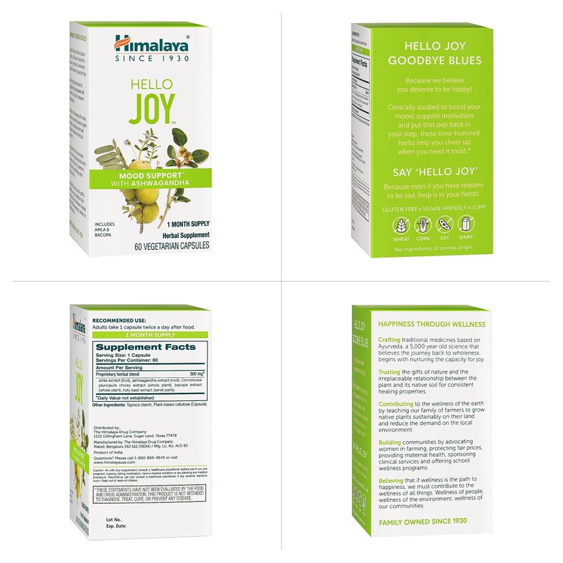 Himalaya Hello Joy Herbal Supplement, with Ashwagandha, Amla, Bacopa, Holy