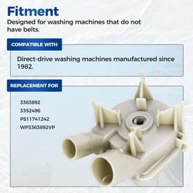 HECASA 3363394 Washer Drain Pump Compatible with Direct-Drive Washing Machines Whirlpool, Kenmore, KitchenAid Plastic Replacement for 3363892 3352496 PS11741242 WP3363892VP