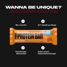Body Attack Proteinriegel - Caramel Toffee - 24 x 35 g - Fitness Protein Riegel fettarm - Eiweißriegel mit wichtigen Vitaminen, L-Carnitin & 25% hochwertigem Milcheiweiß - Made in Germany