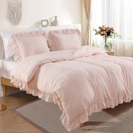 Fashionwu Ruffled Duvet Cover Set King Size, Soft Washed Microfiber Duvet Cover Set Home Bedding Duvet Covers with Button Closure, 3 Pieces (1 Duvet Cover, 2 Pillowcases), Pink