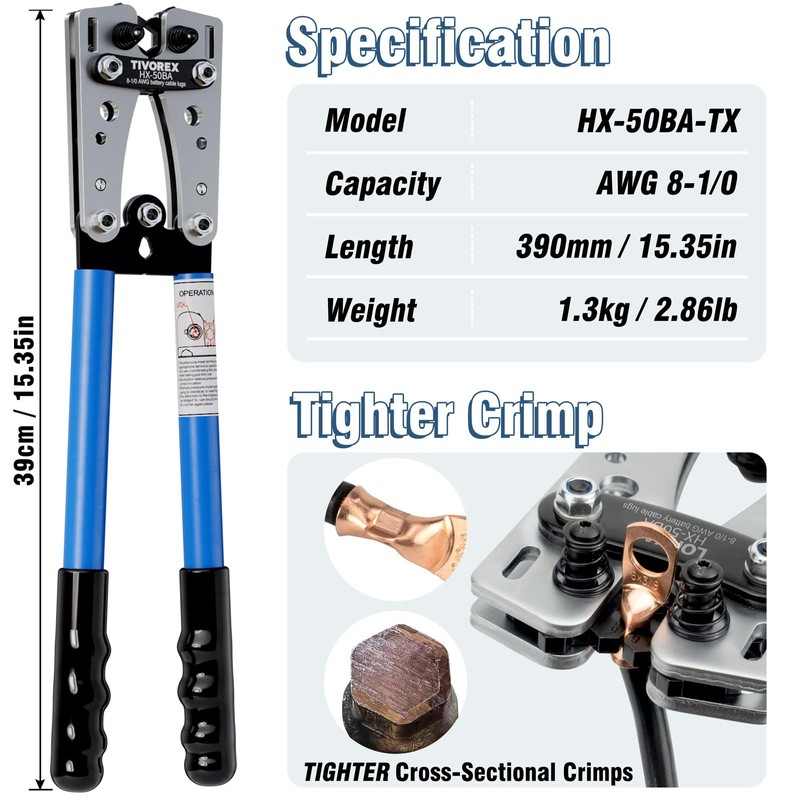 Tivorex Battery Cable Wire Lug Crimping Tool for AWG 8-1/0