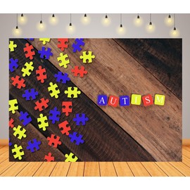 CORFOTO Autism Awareness Theme Backdrop Fabric 9x6ft Colourful Jigsaw Puzzle Alphabet Tiles Wooden Background for Autism Themed Birthday Party Decorations Kids Accept Love Support Photoshoot Props